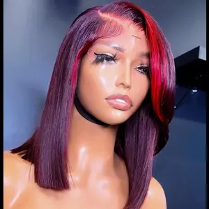 Bob Straight Wig 99J With Red Pre Plucked 13x4 Lace Front Wigs 180% Density Can Be Restyled 99J Burgundy With Red Straight Short Bob Lace Frontal Human Hair For Woman