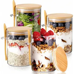 4 PCS Glass Food Storage Containers With Lids And Spoons, Overnight Oats Jar With Lid And Spoon, Bamboo Lid Oatmeal Coffee Flour Bread Starter Storage Container