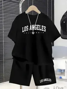 Los Angeles Letter Print Boys' Set Outfit Fashion Casual Summer Recommendation, Short Sleeve Suit, Natural Waist Shorts, Loose Fit
