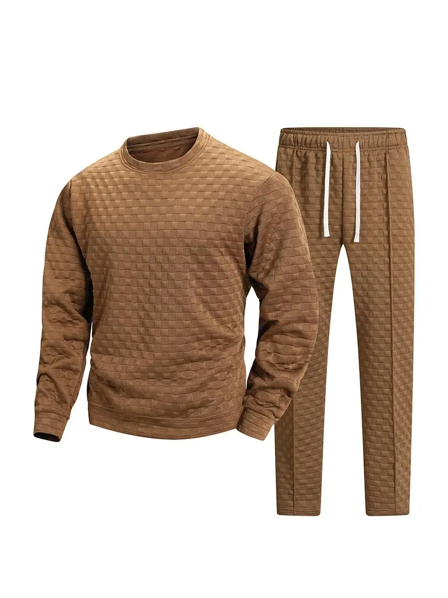 Men’s 2-Piece Polyester/Elastane Matching Tracksuit Set - Square Grid Waffle Jacquard Crew Neck Sweatshirt, Elastic Drawstring Straight Leg Textured Pants, Soft Lightweight Breathable Loose Fit Smart Casual Outfit for Daily Commute, Spring Fall Urban Wear