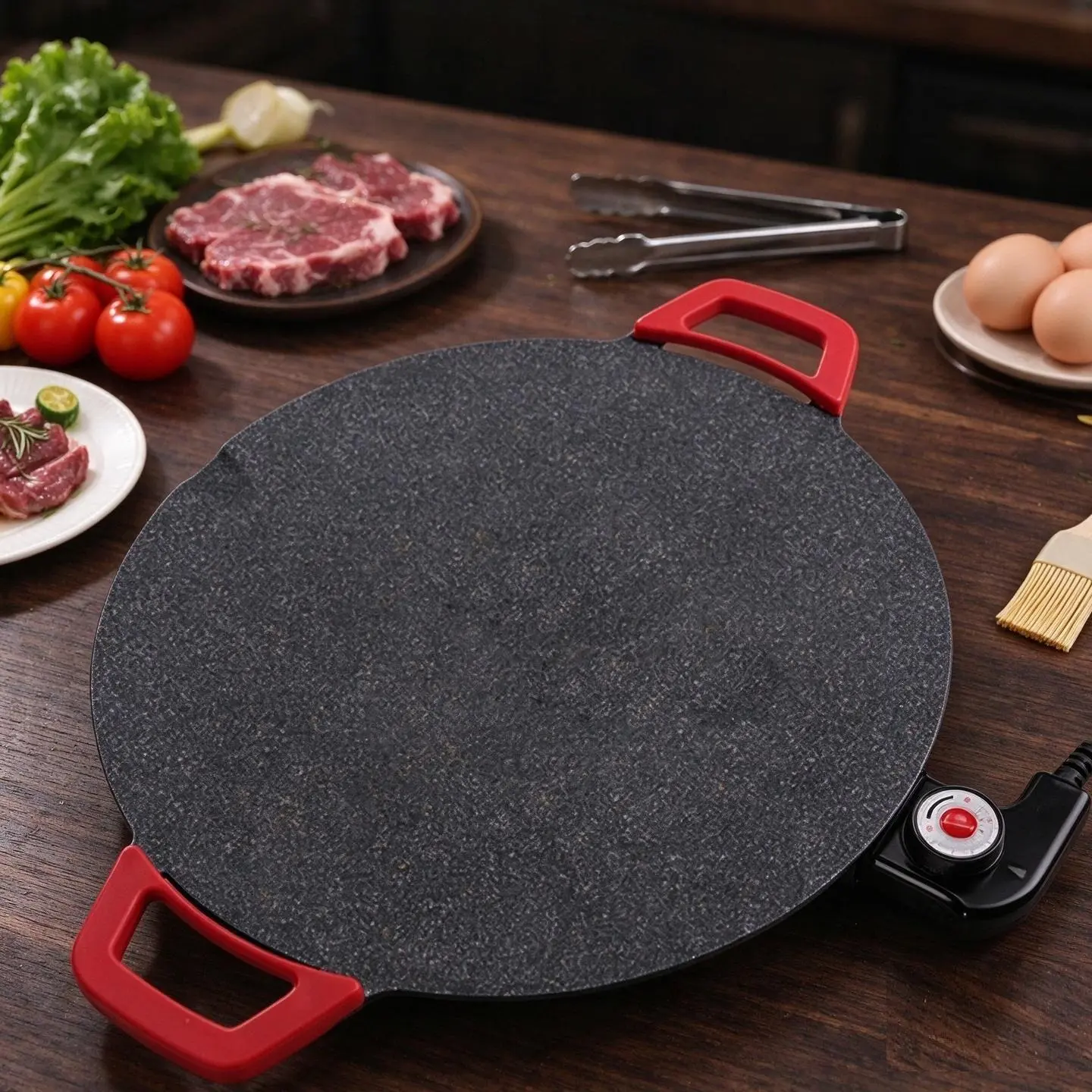 Indoor Electric Smokeless Grill, Non-Stick Round BBQ Griddle With Adjustable Temperature Control, 12-Inch Cooking Surface Equipped With Red Handles, Tabletop Indoor Barbecue Pan for Meat, Seafood, Vegetables and Homemade Korean BBQ.electric grill