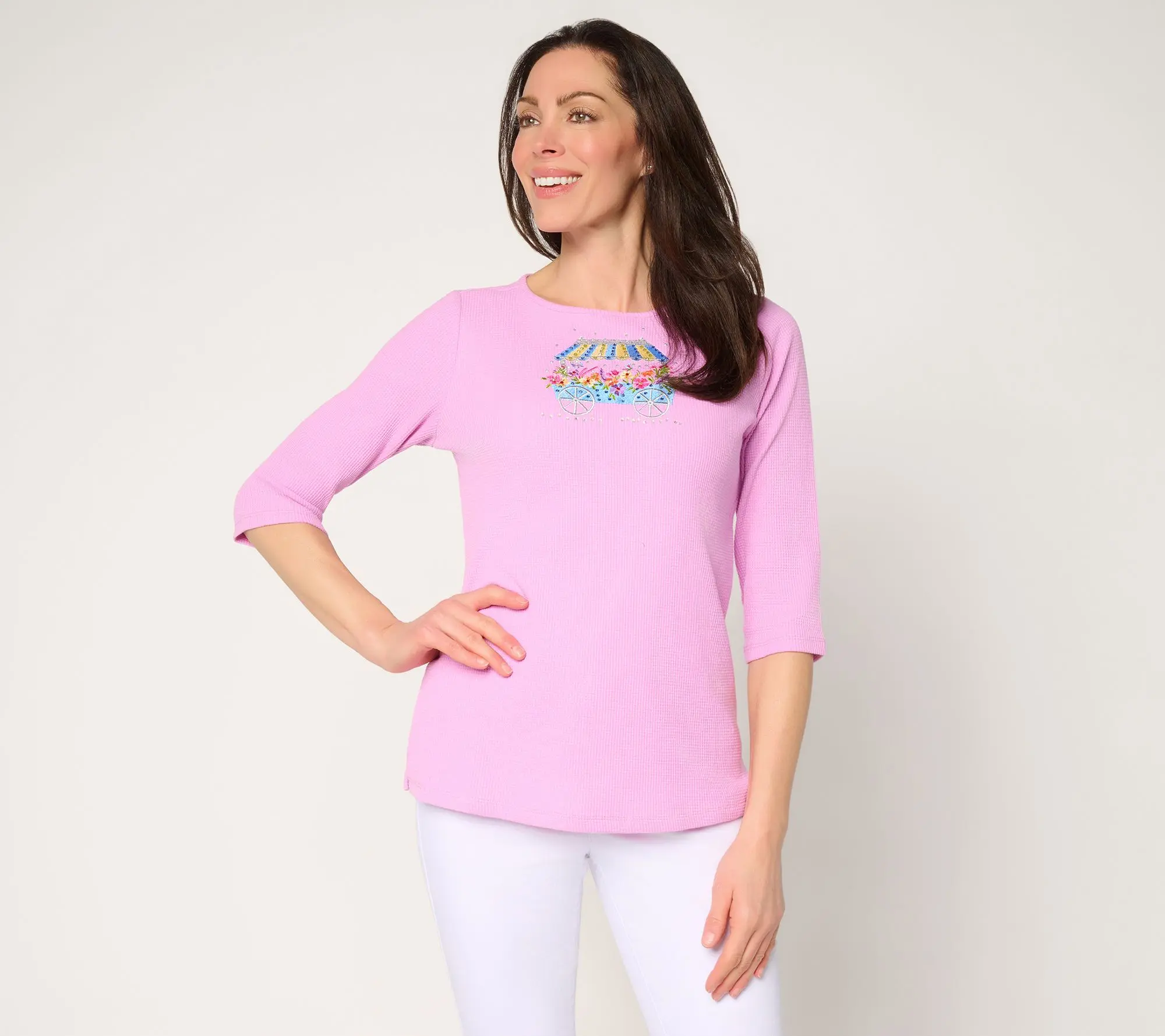 Quacker Factory Secret Garden Waffle Knit 3/4 Sleeve Top