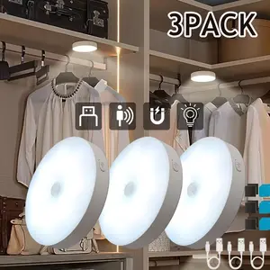 3-Pack Pir Motion Sensor USB Night Light, 8 Leds Dimmable, Light Modes Adjustable, /warm, Rechargeable, Under-Cabinet Lamp for Kitchen & Bedroom