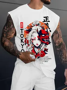 Men's Tokyo Geisha Anime Print Sleeveless T-Shirt, Japanese Street Style, Breathable Fitness Muscle Tank Top, Casual Loose Fit, Streetwear, Menswear