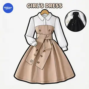 KVS Girls' Colorblock Dress - Preppy Look A-Line Cut Black & White Patchwork Dress, Belted Waist, Machine-Washable Polyester Blend, Glossy Texture, for School/Casual Wear, Spring-Summer-Fall Kids' Fashion，girls dress,girls outfits,summervibes