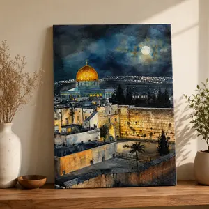 Dome of the Rock Wall Art, Jerusalem Nightscape in Blue and Gold