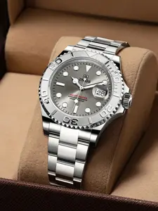 Luxury Yacht Series Mechanical Watch, Men's Analog Round Face, Classic Round Dial, Stainless Steel Buckle, Waterproof Wrist Watch Calendar, Fashion Business Casual