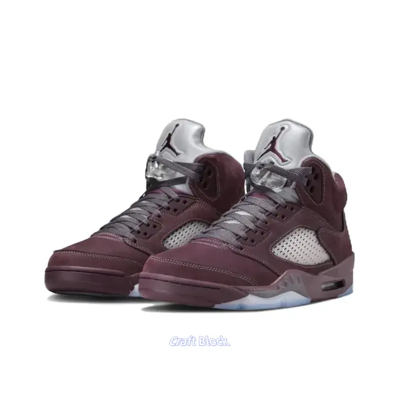 Burgundy Suede High-Top Retro Basketball Shoes with Light Graphite Silver Tongue and Translucent Icy Blue Outsole