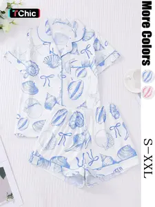 Women's All Over Print Button Front Top & Elastic Waist Shorts Pyjama Two-piece Set, Casual Comfy Short Sleeve Top & Shorts Pj Set, Ladies Sleepwear & Loungewear for All Seasons