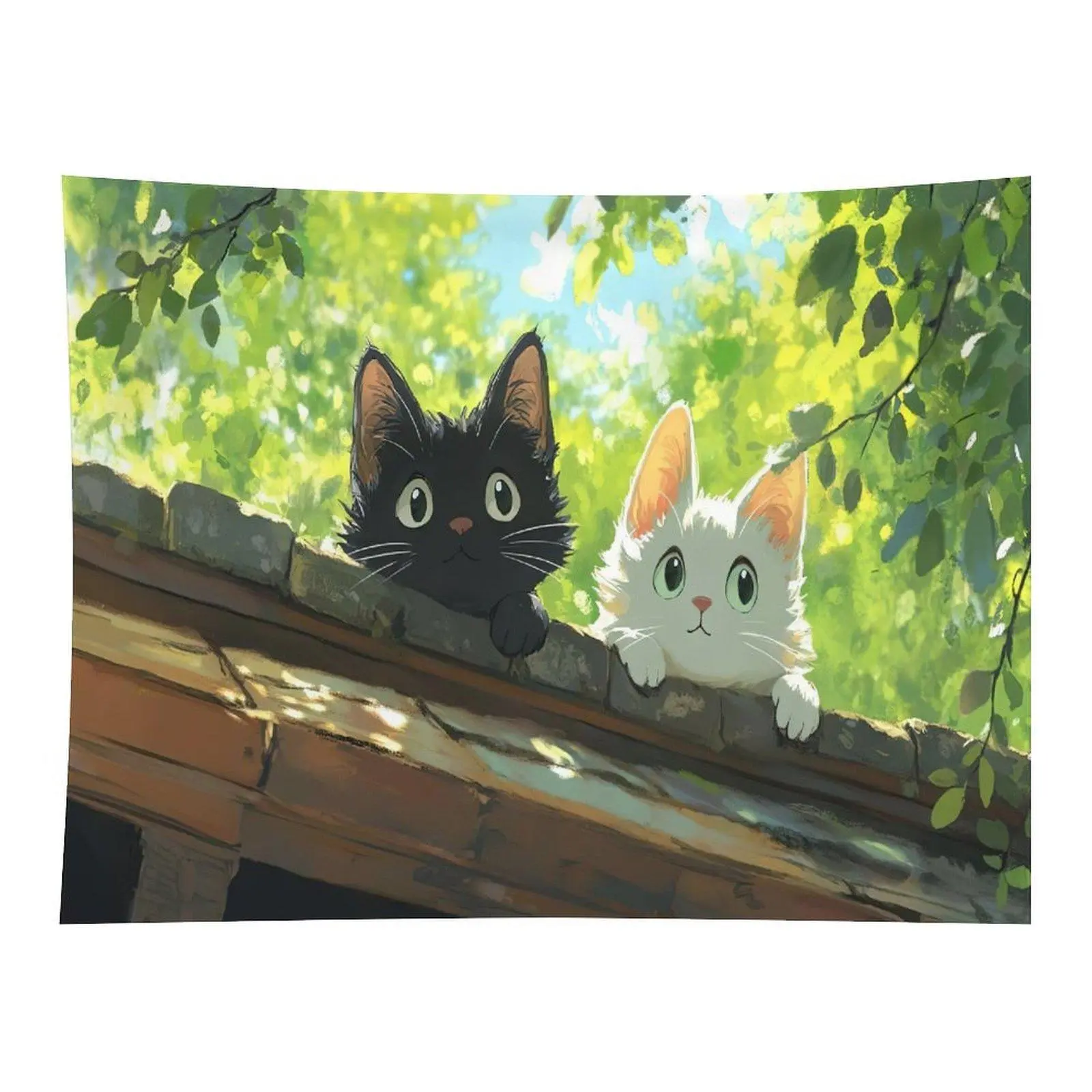 Cute Black and White Cats Tapestry Anime Kitten Wall Hanging, Kawaii Cat Garden Tapestry for Bedroom Dorm Decor
