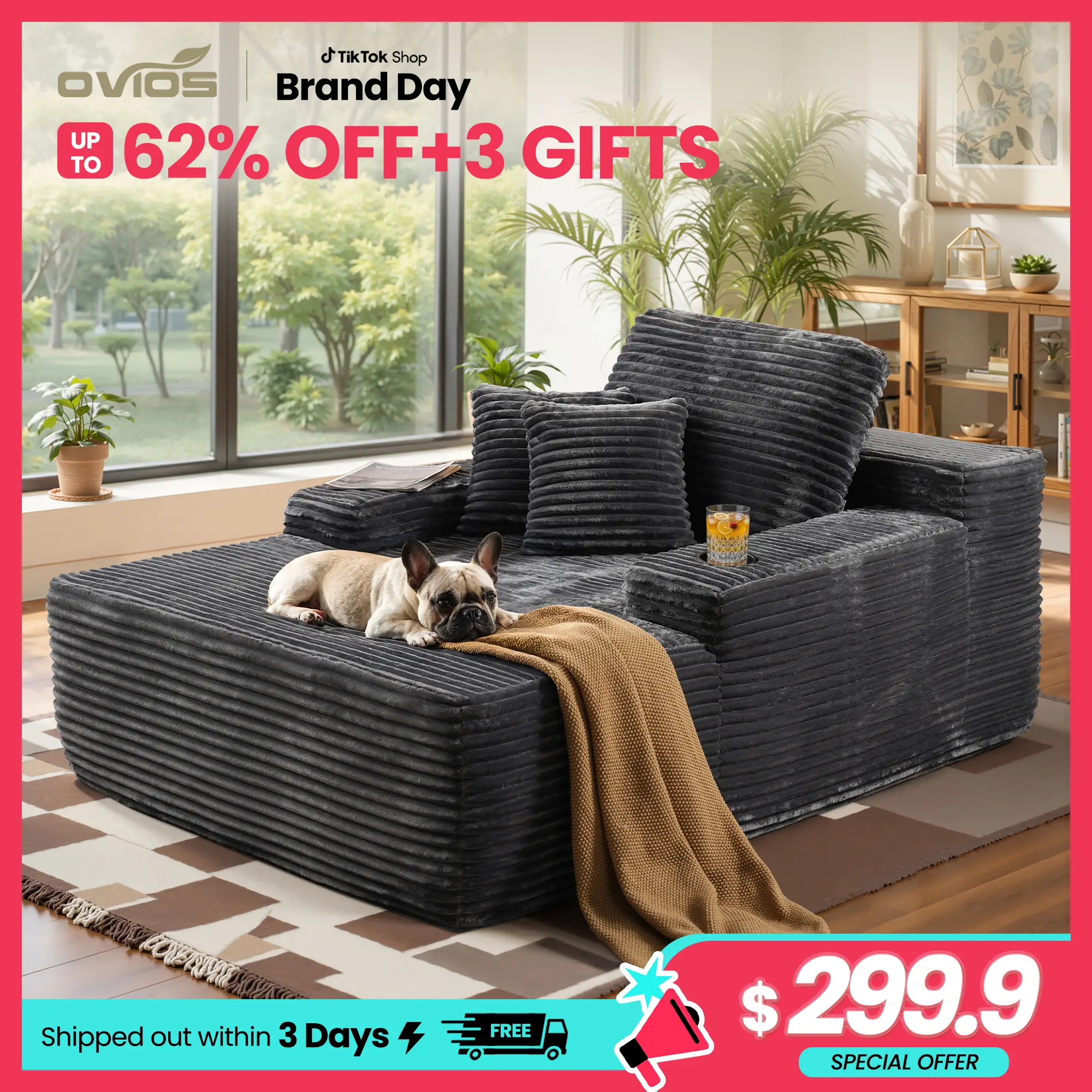 【Fall Deals For You】Ovios 67'' Boneless Chaise Lounge Chair with Cup Holders, Oversized Upholstered Sofa Bed, Sleeper Couch Reading Chairs Fluffy Plus