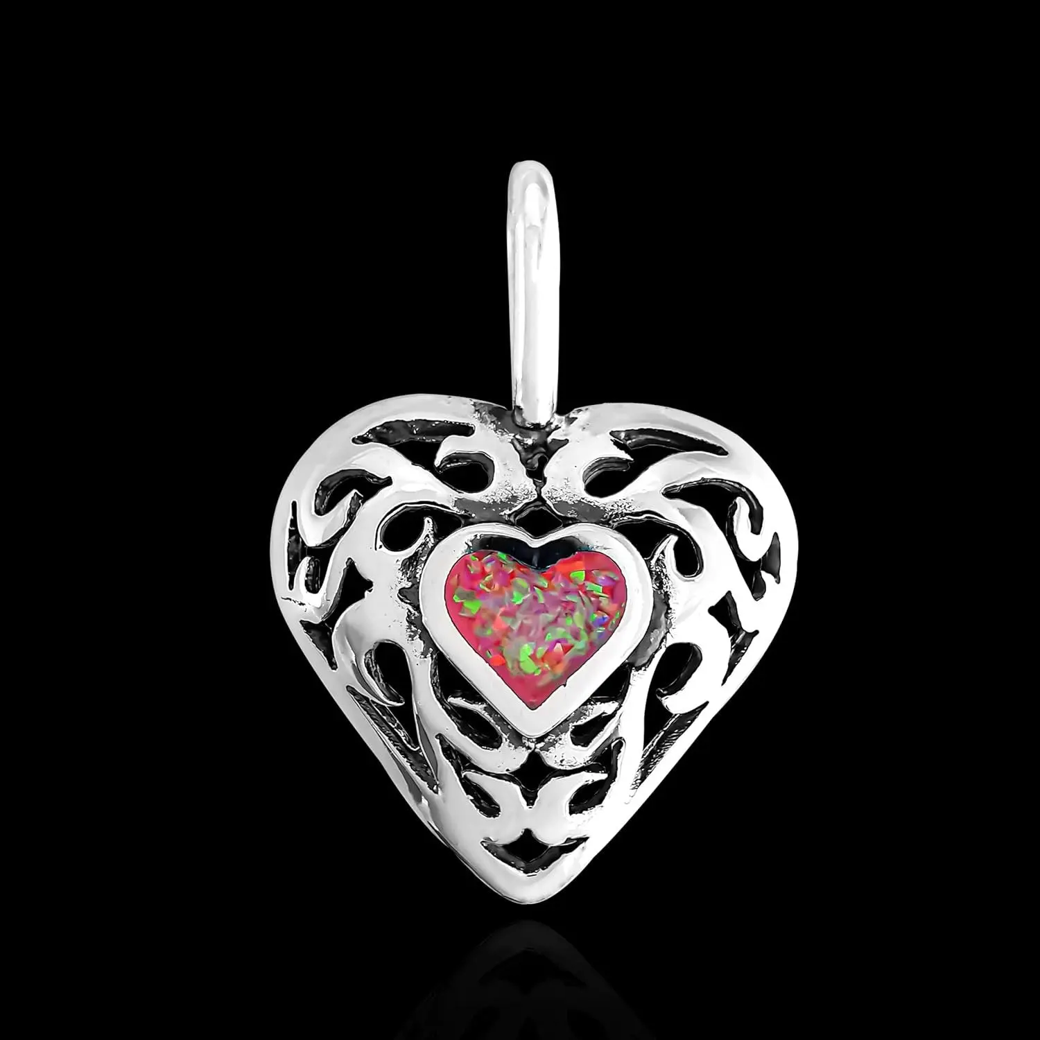 Sterling Silver and Pink Opal Damask Heart Pendant
