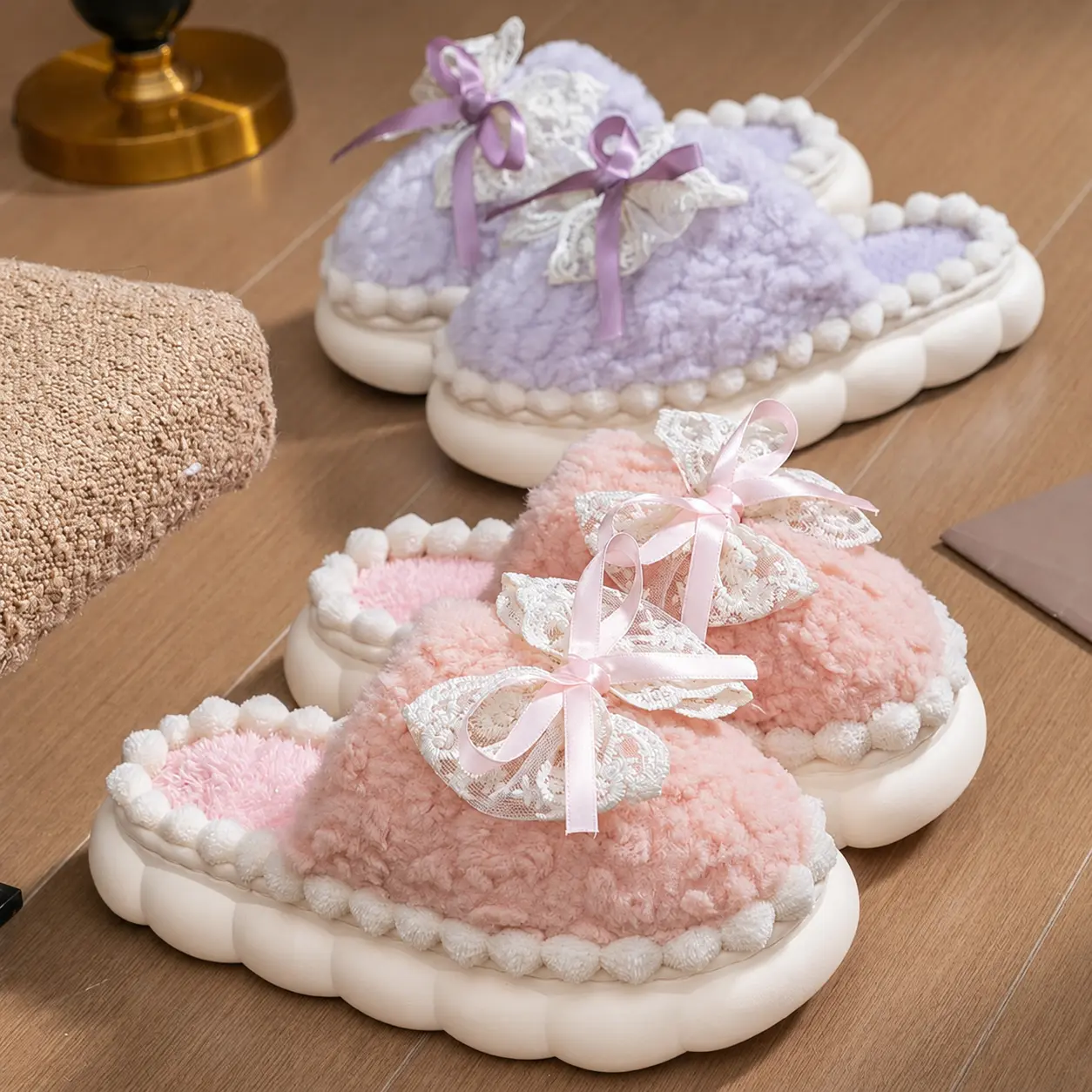 Women's winter indoor home thick-soled warm-padded decorative bow plush cotton slippers