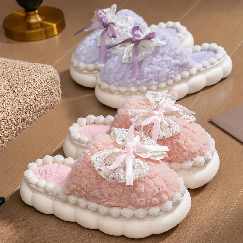 Women's winter indoor home thick-soled warm-padded decorative bow plush cotton slippers