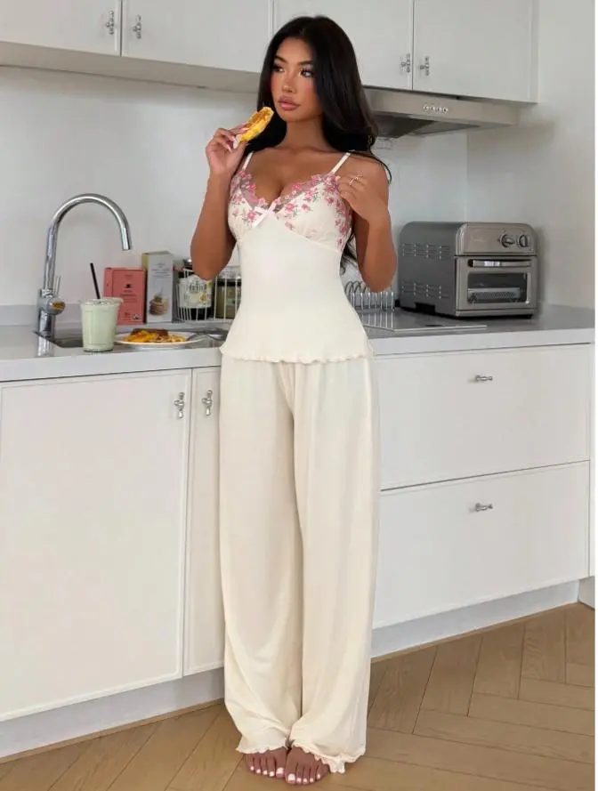 Delicate Mesh Embroidered Frill Trim Camisole & Pants Women Sleepwear Set Sleeve Black Fabric