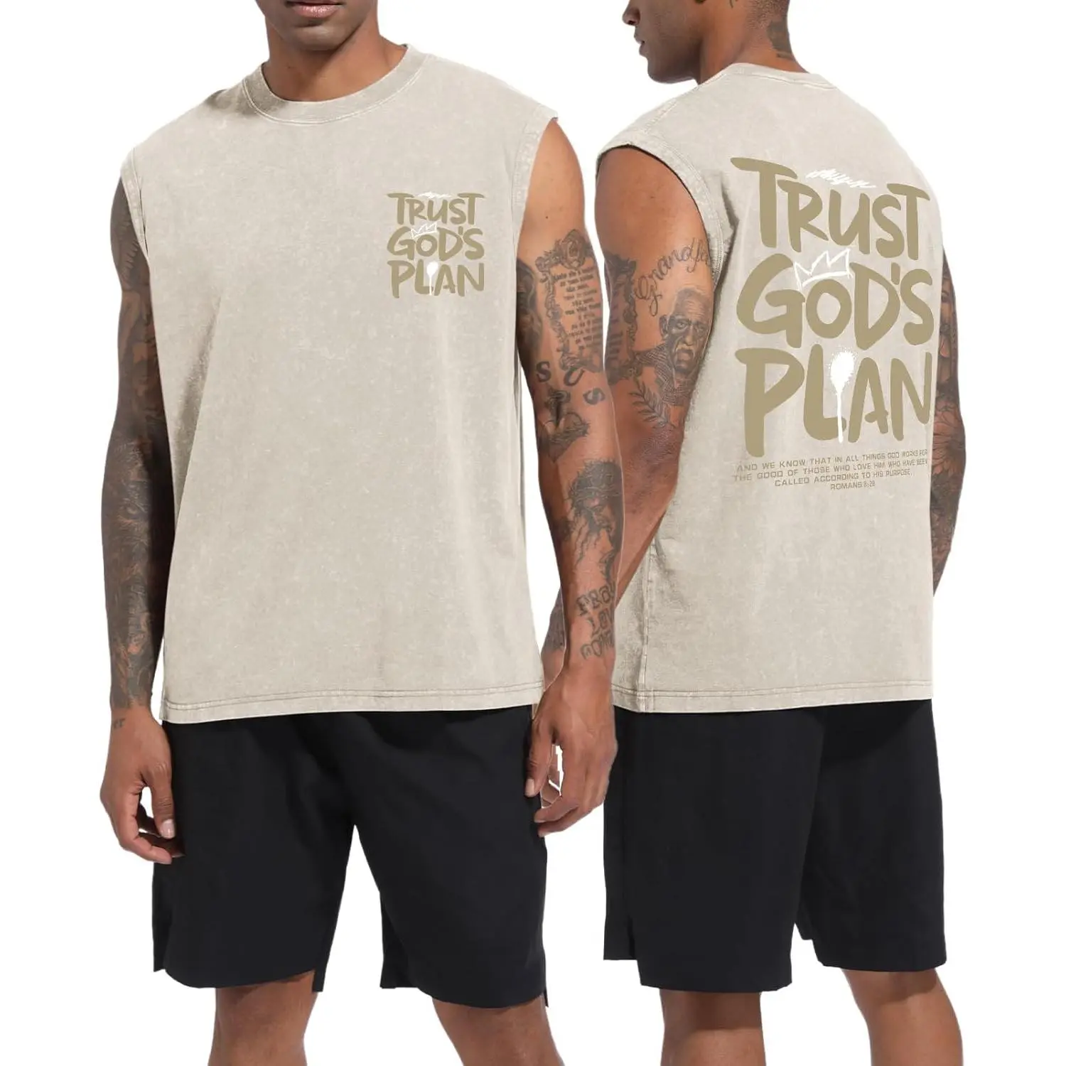 BINTEHGS Men's Sleeveless Cotton Graphic Tees - Christian Religious Faith Tank Tops, Casual Streetwear Athletic Breathable Acid Wash Gym Workout Cut Off Shirts