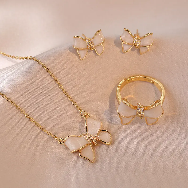 4PCS Bowknot Jewelry Set, Necklace for Women, Sweet Style Bowknot Fashion New Design  Pendant, Elegant Set, Titanium Steel Necklace
