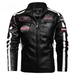 New Large-Size Men’s PU (Polyurethane) Leather Jacket — Motorcycle Racing Style, Trendy, Fleece-Lined, Lightweight, Contrasting Color Design