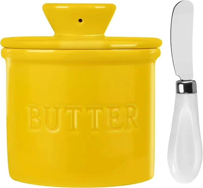 French Butter Crock Ceramic Dish with Knife & Lid Spreader Food-Safe Design Keep Butter Soft for Baking Cooking Best Gift (Yellow Butter Container)