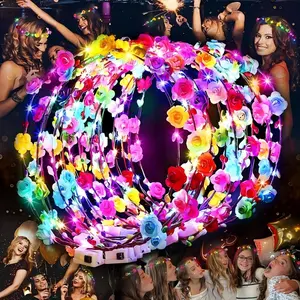 30 Pieces LED Light Up Flower Headband, Women's Light Up Flower Headband, Wreath Light Up Garland Crown for Mardi Gras Concert Wedding Beach Party Birthday Halloween Christmas Decoration (Diameter 19 cm_7.4 inches)