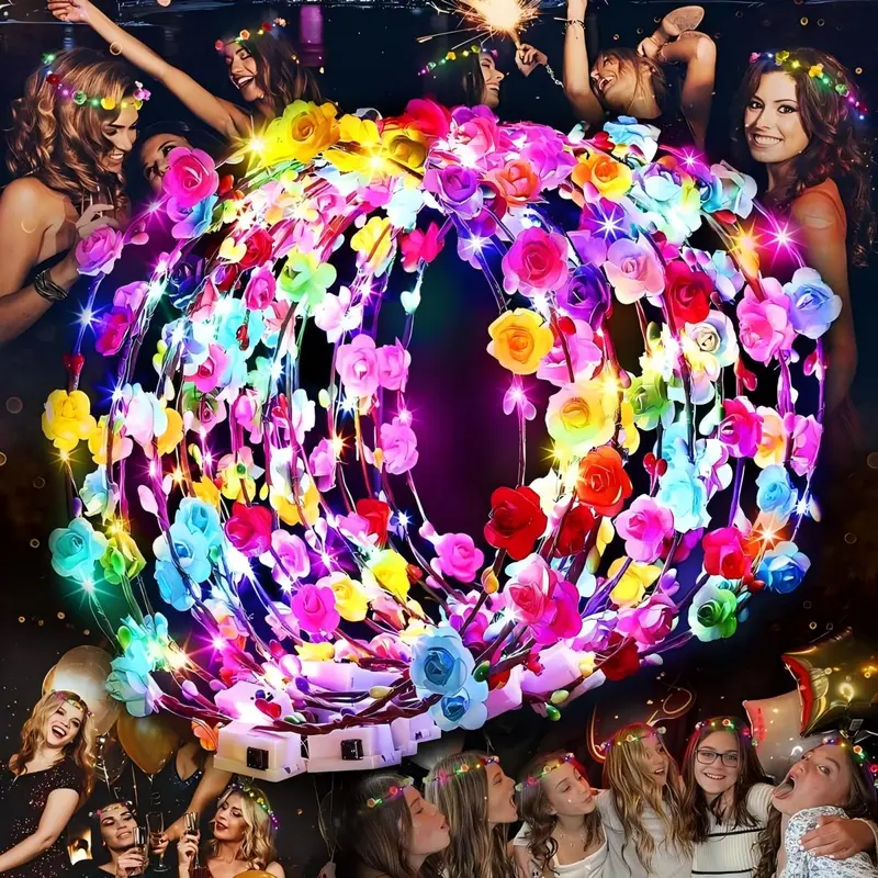 MICRENCY Women's Battery-Powered LED Lighted Flower Wreath Headband (30 Pieces, 19 cm Diameter) - Deformation-Resistant Festive Crown with 8 Colors, 3-5-Hour Lighting Time, Steady-Fast-Slow Modes for Mardi Gras, Birthday - Home & Party Supplies
