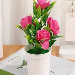Realistic Rose Plastic Potted Plant, Creative Home Decor, Indoor Outdoor Landscape Fake Flower, Stylish Pottery Ornament