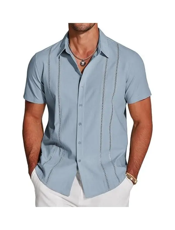 Men's Cuban Guayabera Shirt Short Sleeve Button Down Shirts Casual Summer Beach Linen Shirts