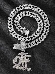 Men's Hip Hop Pendant Necklace, Full Diamond Otf Letter Charm, Cuban Chain Jewelry, Trendy Streetwear Accessory, Fashionable Men's Necklace, Cuban Link Necklace