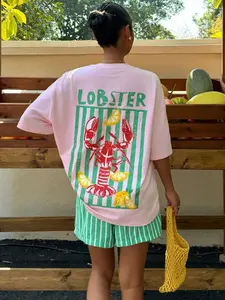 Trendy Lobster & Lemon Graphic Loose-Fit Women's Top, Casual Summer Outfit For Beach Vacation