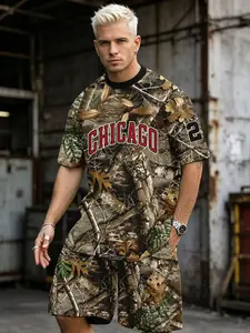 JF-Men's Summer Sport Set, Round Neck T-Shirt and Shorts, Leaf All over Print, Breathable, Ideal for Training, Leisure, Travel, Gift