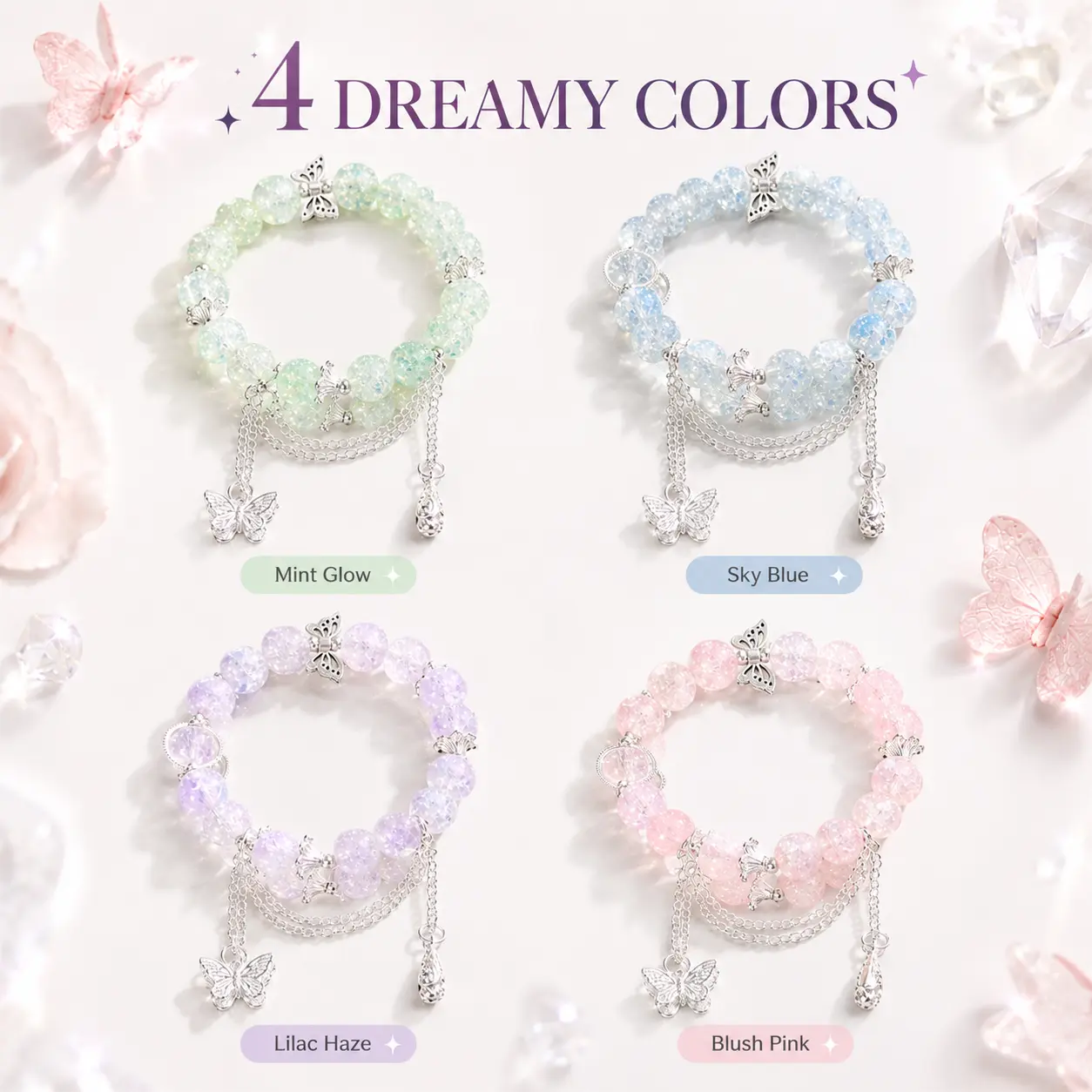 Sparkling Double-Layer Crackle Bead Butterfly Charm Bracelet for Women, Pastel Stretch Bracelet with Silver-Tone Layered Chains and Teardrop Pendant, Cute Y2K Jewelry for Daily Wear, Birthday, Party and Gift