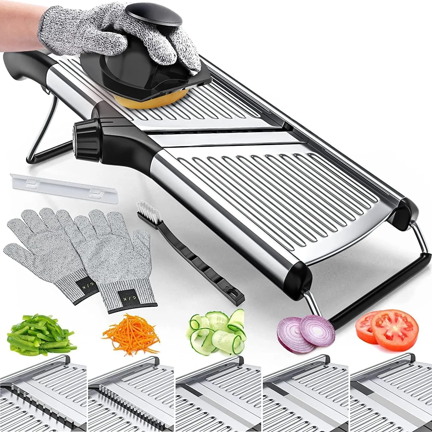 Gramercy Adjustable Mandoline Food Slicer, Mandoline Slicer for Kitchen, Mandolin, Potato, Tomato, Carrot, Vegetable, Fruit and Onion Cutter - Stainless Steel - INCLUDING 1 Pair Cut-Resistant Gloves
