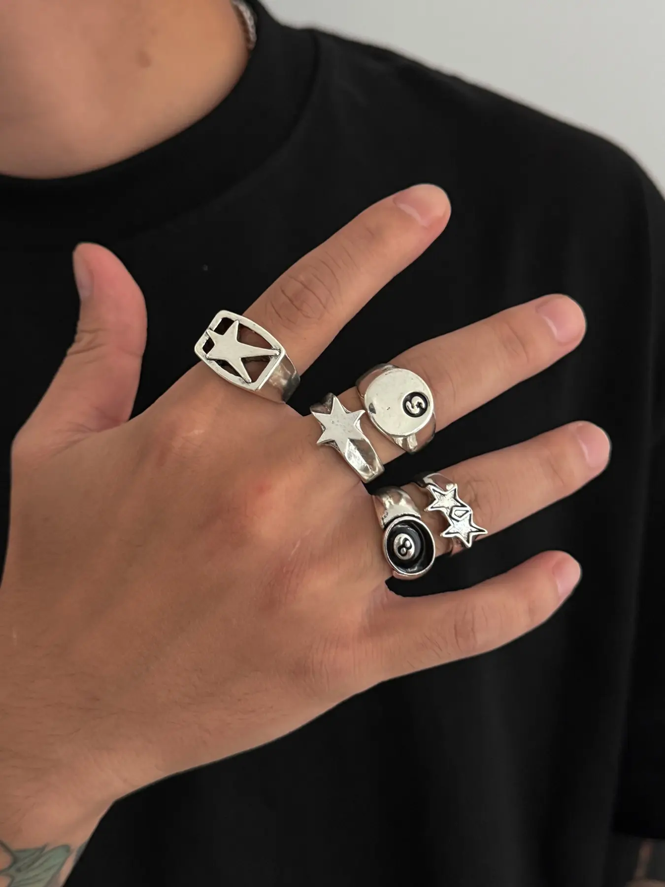 5-Piece Retro Star Ring Set, Dark Punk Vintage Joint Rings, Perfect Gift for Holidays, Street Style Fashion Jewelry, Stackable Rings, Dark Aesthetic Rings