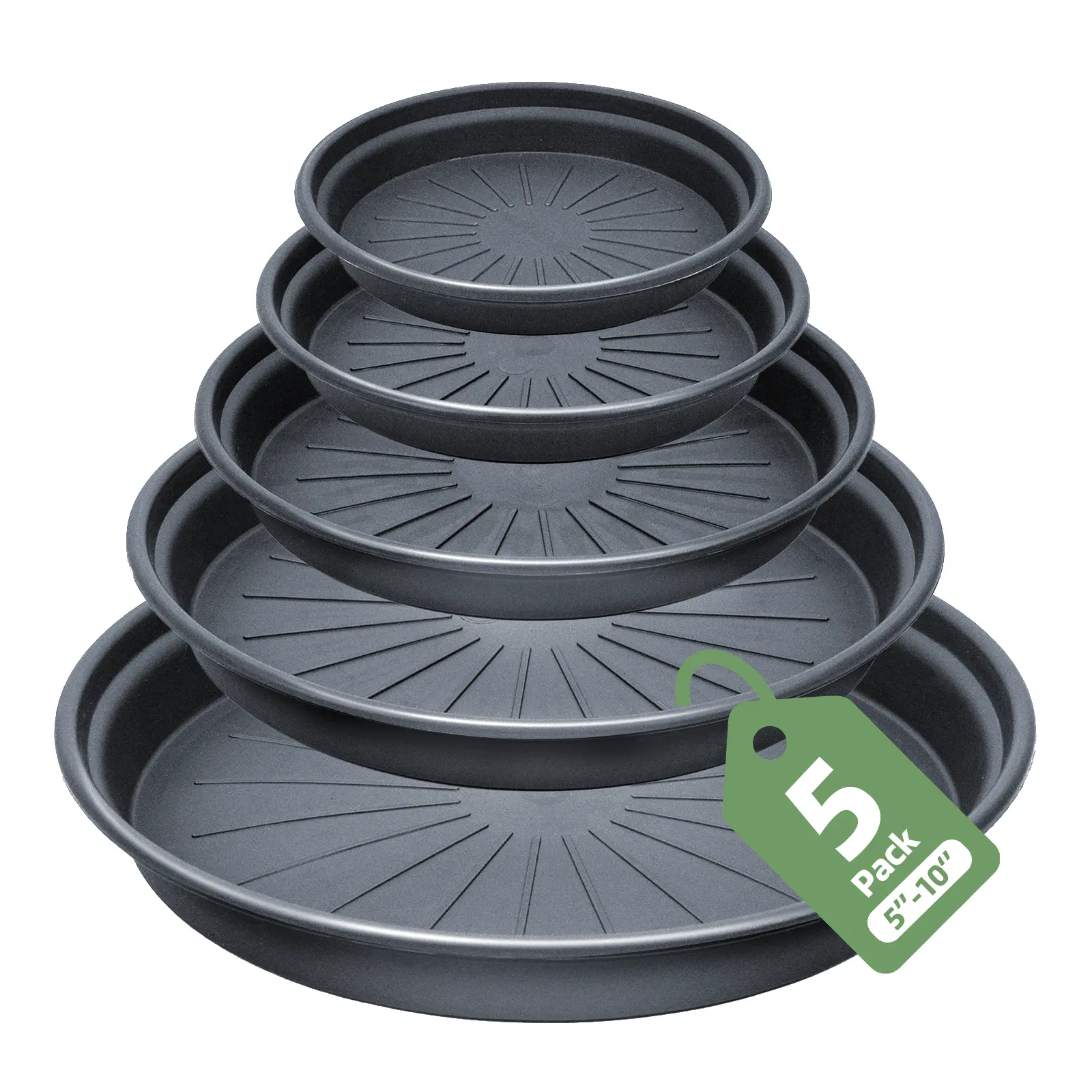Bamworld 5-Pack Multi-Size Plastic Flower Pot Saucers - 10/8/7/6/5 In Heavy-Duty Drip Trays, Enhanced Leak Protection, Easy Maintenance All-Weather Water Control Floor Protectors for Indoor/Outdoor Potted Plants, Deep-Edge