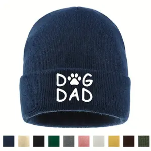 1pc DOG DAD Letter and Dog Paw Print Beanie, Warm Winter Hat with Fleece Lining for Men & Women - Unisex Outdoor Sports Knit Beanie, Stylish Striped Short Cap, Ideal Gift for Pet Lovers, Fashionable Animal-Themed Headwear for Autumn/Winter Skiing