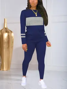 AUXDIO Women's 2-Piece Colorblock Tracksuit Set Long Sleeve Top & Slim Pants Trendy Casual Outfit for Streetwear Everyday Comfort Sporty High Stretch Breathable Clothes Clothes Womenswear Bodycon Comfy Elastic Navy Polyester Red Solid Trouser