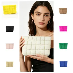 Quilted Puffer Makeup Bag, Soft Padded Cosmetic Organizer Pouch, Portable Grid Pattern Zipper Clutch, Minimalist Toiletry Storage Bag for Travel, Daily Use & Handbag Organization