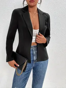 Women's Solid Color Button Front Blazer, Casual Long Sleeve Lapel Neckline Outerwear for Work Office Business, Ladies Spring & Fall Clothes, Business Casual Outfits Women, Fall Clothing Women, Womenswear