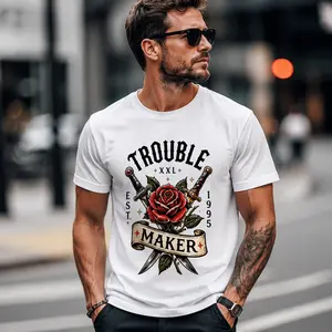 Unisex White Oversize Cotton Crew Neck T-Shirt, Old School Tattoo Red Rose Cross Daggers Trouble Maker EST 1995 Vintage Front Print Graphic Tee, Retro Rebel Streetwear Top Gift For Tattoo Fans & 90s Z Generation