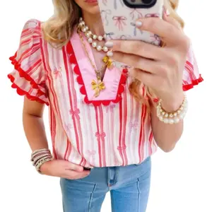 Asvivid Women's Pink Ric-rac Trim Ruffled Sleeve V Neck Bow Striped Printed Blouse Summer Sweet Tops