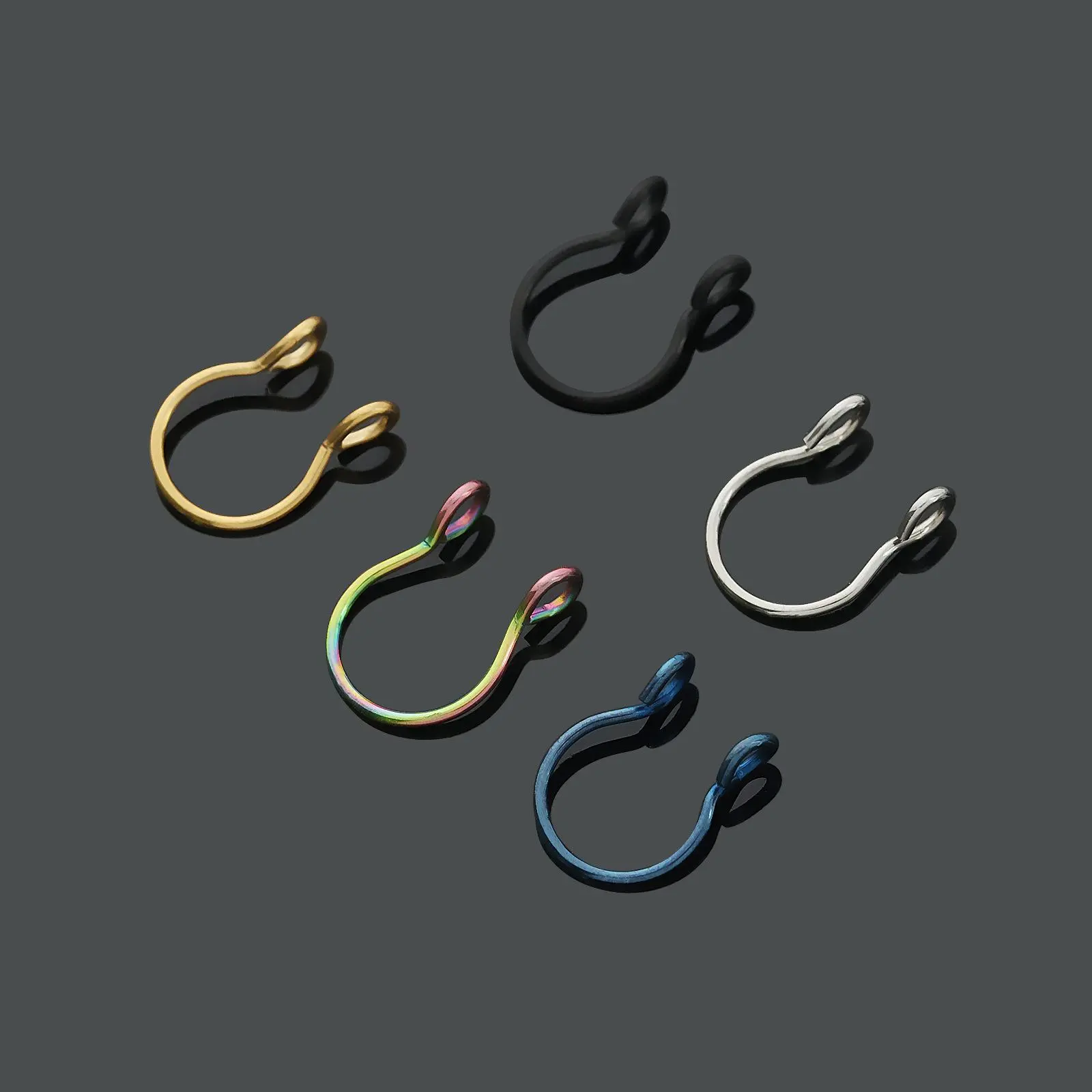 Black Faux Septum Nose Ring Jewelry - 5 Pack Unisex Geometric Anchor-Shape Colorful Clip-On Horseshoe Nose Hoops, Hypoallergenic Stainless Steel, 0.8x8mm Non-Pierced, 0.8cm Diameter, Scratch-Resistant Basic Daily Jewelry for Sensitive Skin (0.31in)