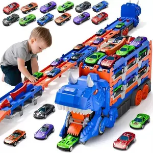Foldable Transformable Dinosaur Truck with 12 Die-cast Cars, Slide Forward, Car Track, Transport Set, Best Gift for Birthday/Christmas, High Quality Design Party Party Holiday Gift