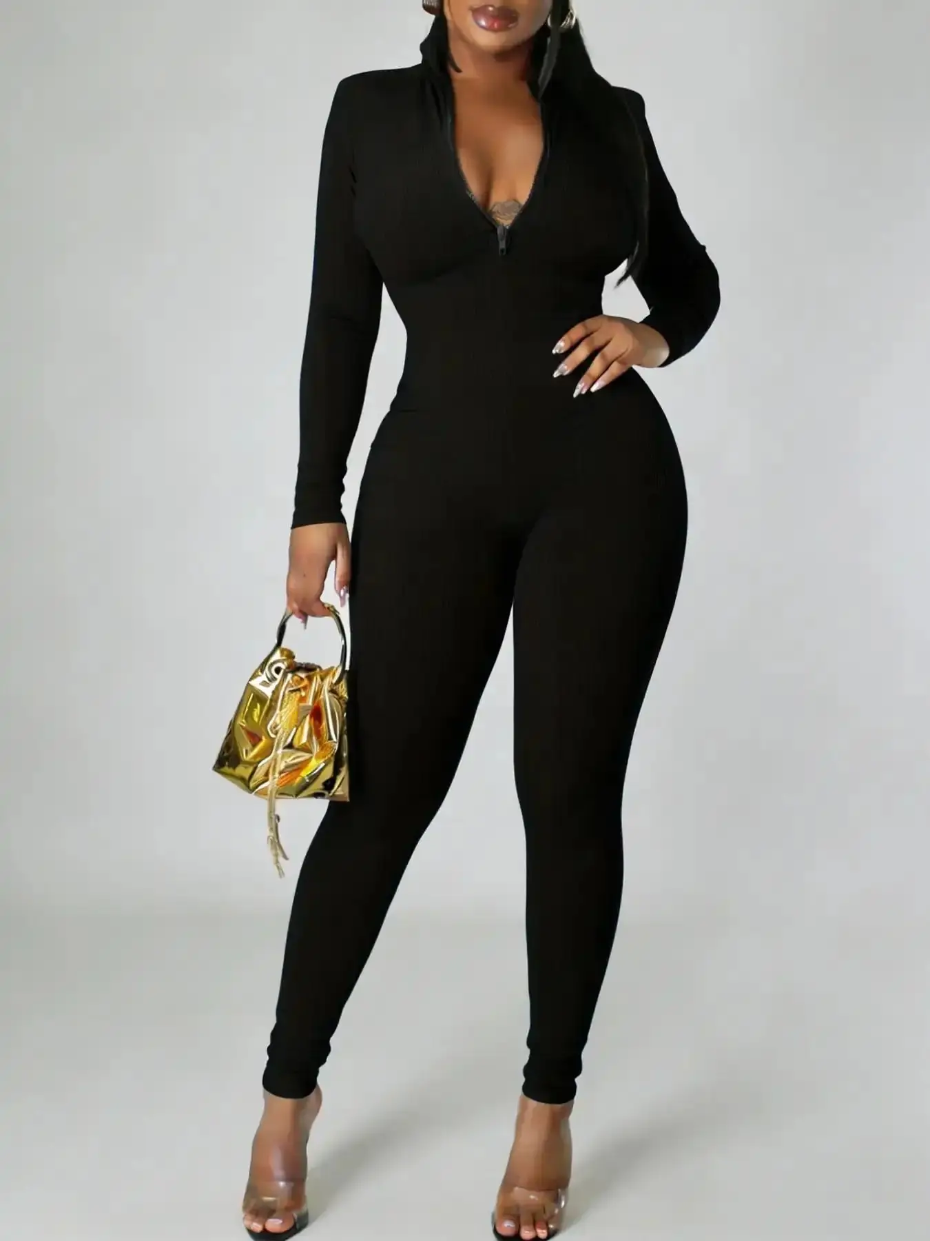 Women's Solid Zip Up Skinny Jumpsuit, Tummy Control Romper, Casual Comfy Long Sleeve Stand Collar Jumpsuit for Fall & Winter, Women's Clothes for Daily Wear