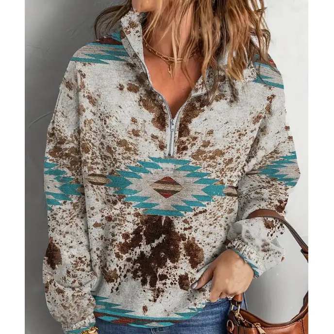 Aztec Cow Print Western Pullover