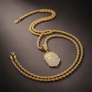 Ape Head Pendant Necklace – Hip Hop Bling Gorilla Charm, Iced Out Rhinestone Chain, 24in Unisex Streetwear
