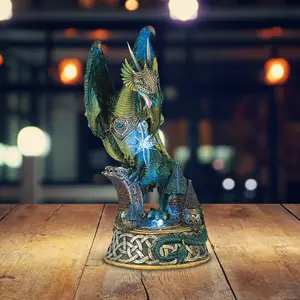 9"H LED Green Dragon Standing on Village Statue Fantasy Decoration Figurine