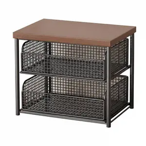 Kitchen Countertop Organizer with Drawer and Wire Basket, 2-Tier Hardwood Shelf, Desktop Organizer with Storage Drawer, Heavy-Duty Iron Countertop Storage Rack for Microwave, Sliding Drawer Kitchenware, Space-Saving Pantry Kitchen Countertop Shelf