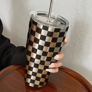30 Ounce Cold Drink Cup with Straw, Checkered Stainless Steel Insulated Mug, Stainless Tumbler for Hot and Cold Beverages, Perfect Gift for Outdoor, Travel and Home Use
