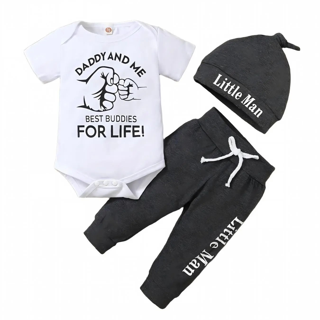 Baby Boy Clothes, 3-Piece Cozy Cotton Outfit Set with Graphic Crew Neck Bodysuit, Drawstring Pants & Hat, Newborn Gift Set, Gifts, Baby Shower, Matching Print, 0-3M, Soft Cotton, Baby Clothing, Infant