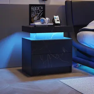Bedside Table with 2 Drawers, LED Nightstands, Modern Bedroom Furniture with Changing RGB Light & Remote for Bedroom and Living Room, Black Marble Pattern